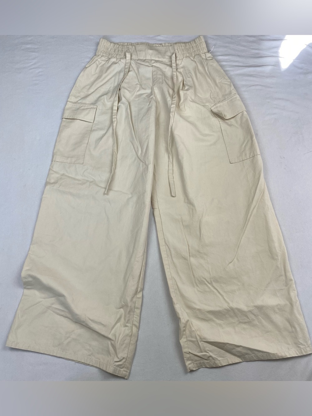 Wide Leg Cargo Drawstring Pants - Cream